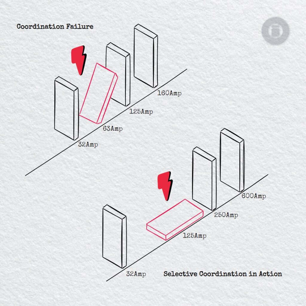 Diagram comparing coordination failure and selective coordination between protective devices in an electrical system. The top section shows a 32Amp circuit tripping a 63Amp breaker, causing upstream devices rated 125Amp and 160Amp to disconnect unnecessarily. The bottom section demonstrates selective coordination, where a 125Amp device isolates the fault without affecting upstream devices rated 250Amp and 600Amp.