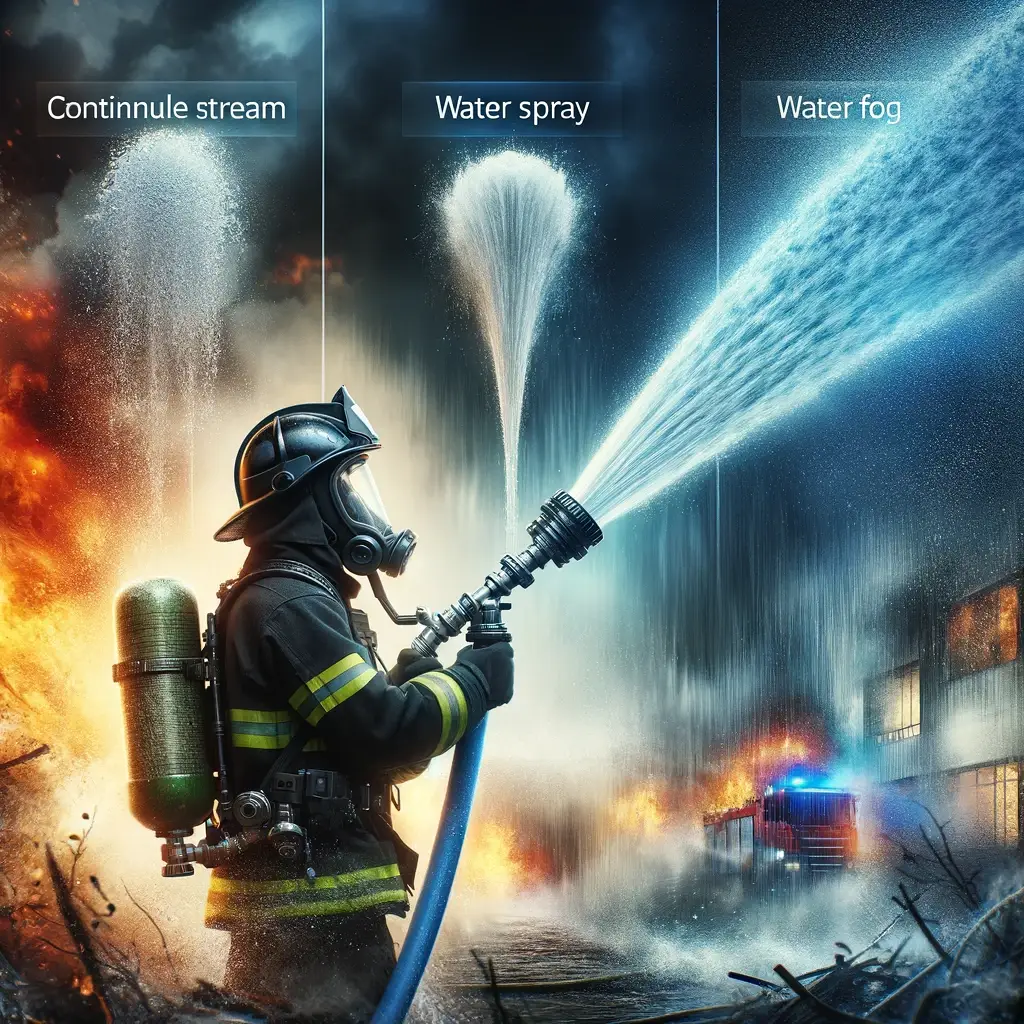 A dynamic illustration showing three different types of water jets used in firefighting_ a continuous stream, a water spray, and a water fog (mist)