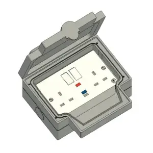 UK-standard 13Amp IP Rated two-gang 30mA RCD Protected socket outlet.
