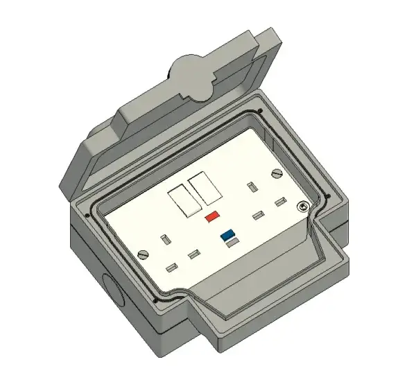 UK-standard 13Amp IP Rated two-gang 30mA RCD Protected socket outlet.