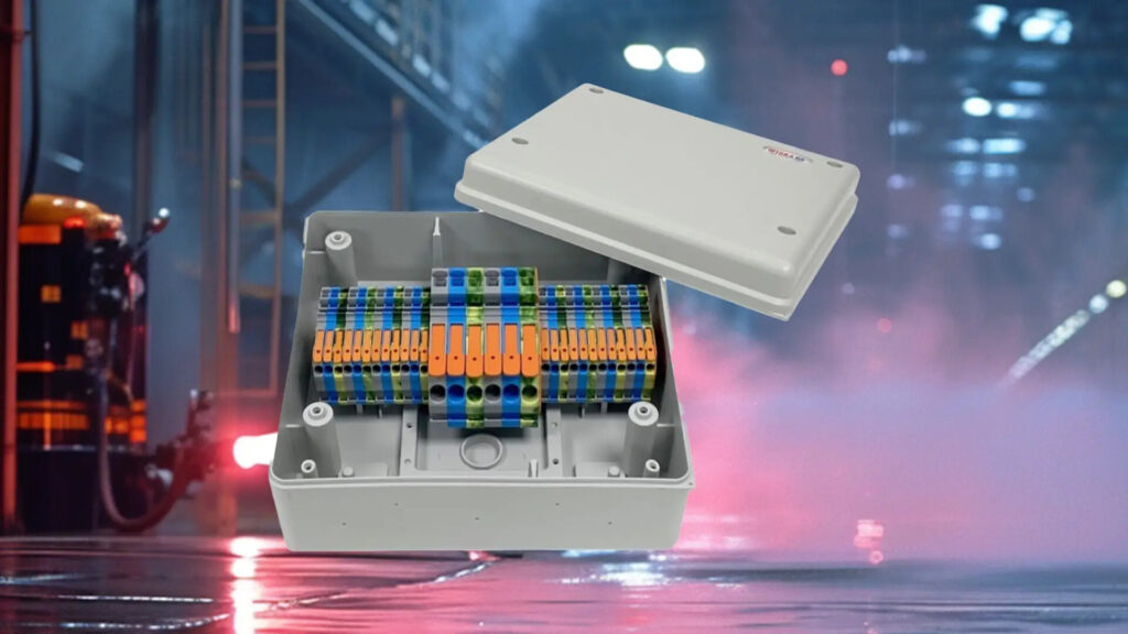 Open grey junction box with rows of blue, green and orange terminal blocks
