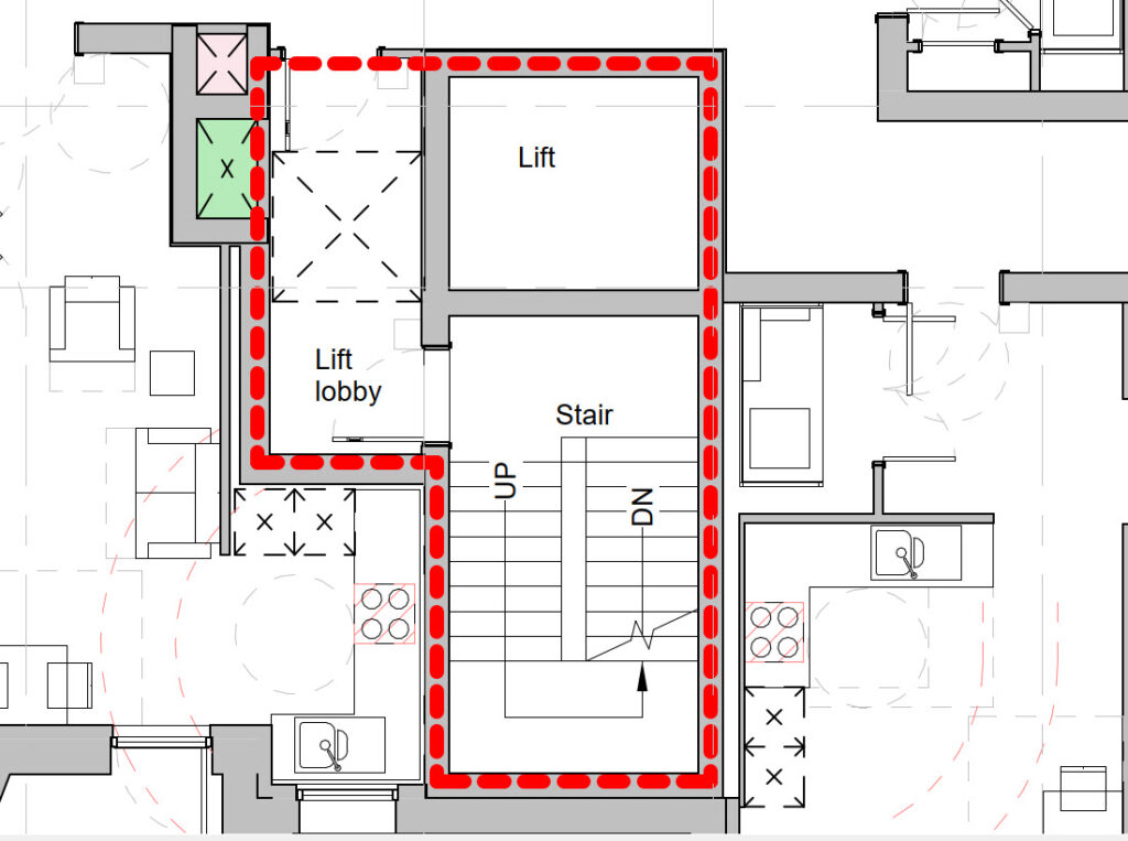 Cross-sectional view of a residential building’s fire core, showing protected stairwells, lift shafts, fire-rated partitions, and service risers enclosed within fire-resistant construction, designed to maintain vertical compartmentation and safe evacuation routes during a fire.