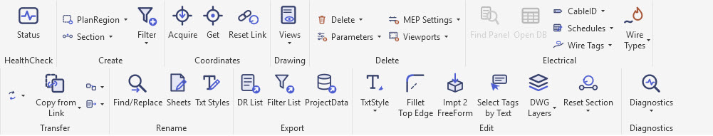 PD pyRevit toolbar ribbon in Revit with panels for HealthCheck, Create, Coordinates, Delete, Electrical, Transfer, Rename, Export and Edit