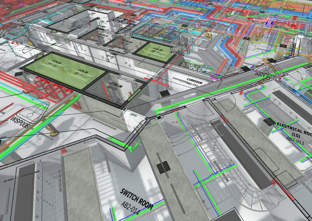 Revit 3D view of the HOV basement level B2 with coloured containment, switch room AB2-014 and electrical room