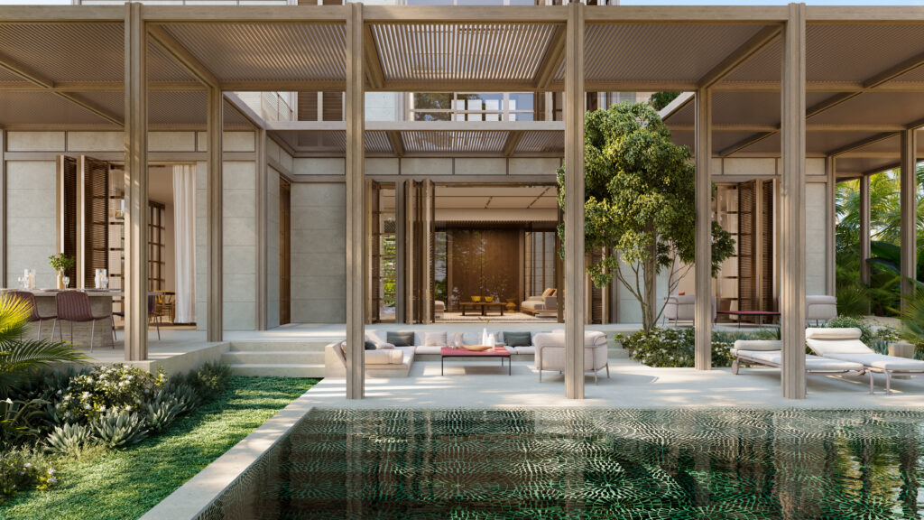 Visualisation of a Laheq coastal four-bedroom villa terrace with pergola, pool, lounge seating and garden