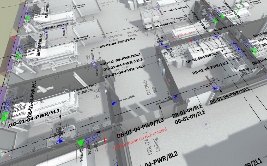 Revit 3D view of Pitsea small power layout, recovery rooms tagged with circuit references such as DB-01-04-PWR/15L1