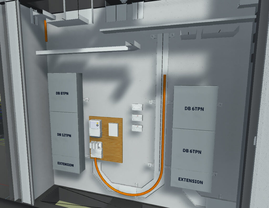 Revit 3D view of the SCH Block D2 riser with DB 8TPN, DB 12TPN and DB 6TPN boards and meter board