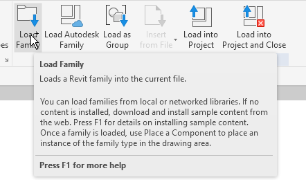 Revit ribbon with the Load Family tooltip open, explaining how to load a family into the current file