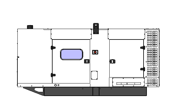 Revit side elevation of the Rehlko D330 generator enclosure showing doors, inspection window and ventilation grilles