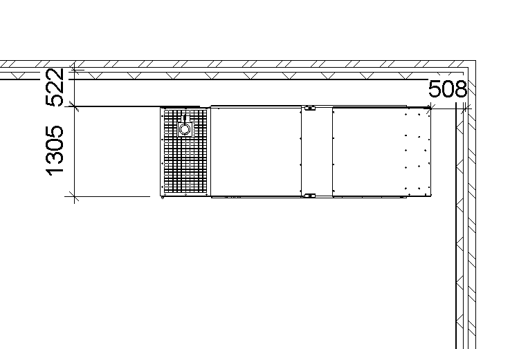 Revit plan of the generator in the corner of a room with clearance dimensions 522, 1305 and 508 to the walls