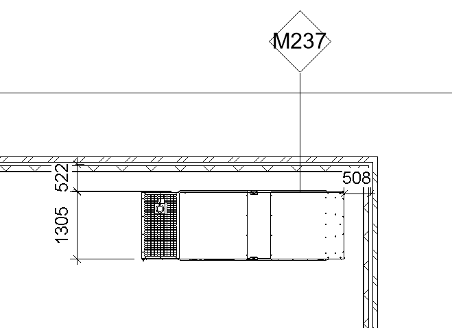 Revit plan of the generator tagged M237 with clearance dimensions 522, 1305 and 508 to the walls