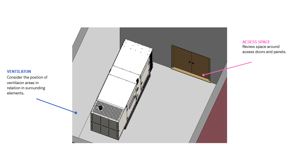 Revit 3D view of the generator in a plant room, labelled to check ventilation areas and access space around doors and panels